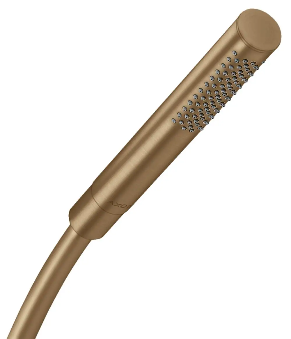 Handbrause in gebürstetem Bronze-Finish mit einzelnen Düsen, hergestellt von AXOR. Der Griff ist schlank und der Schlauch ist flexibel. Ideal für moderne Badezimmer.